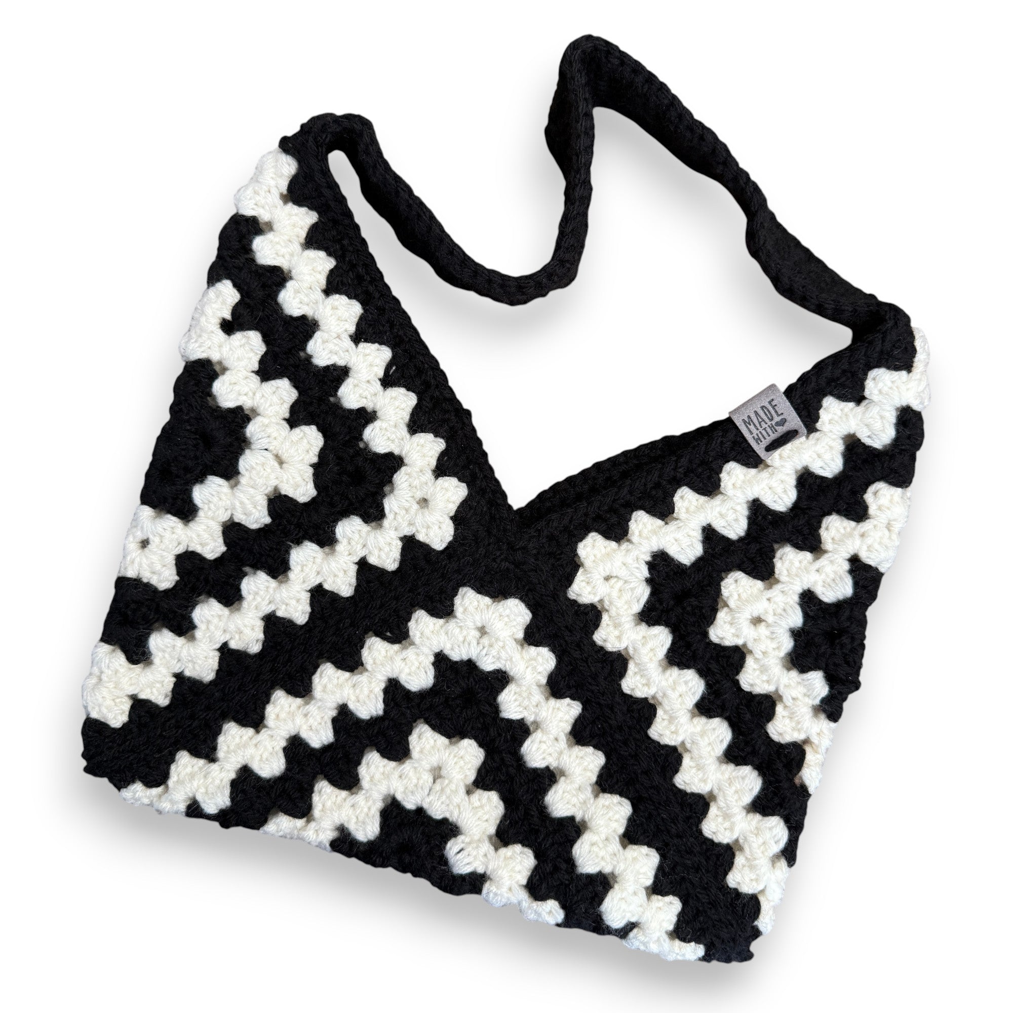 Black White Crochet Granny Square Shoulder Bag