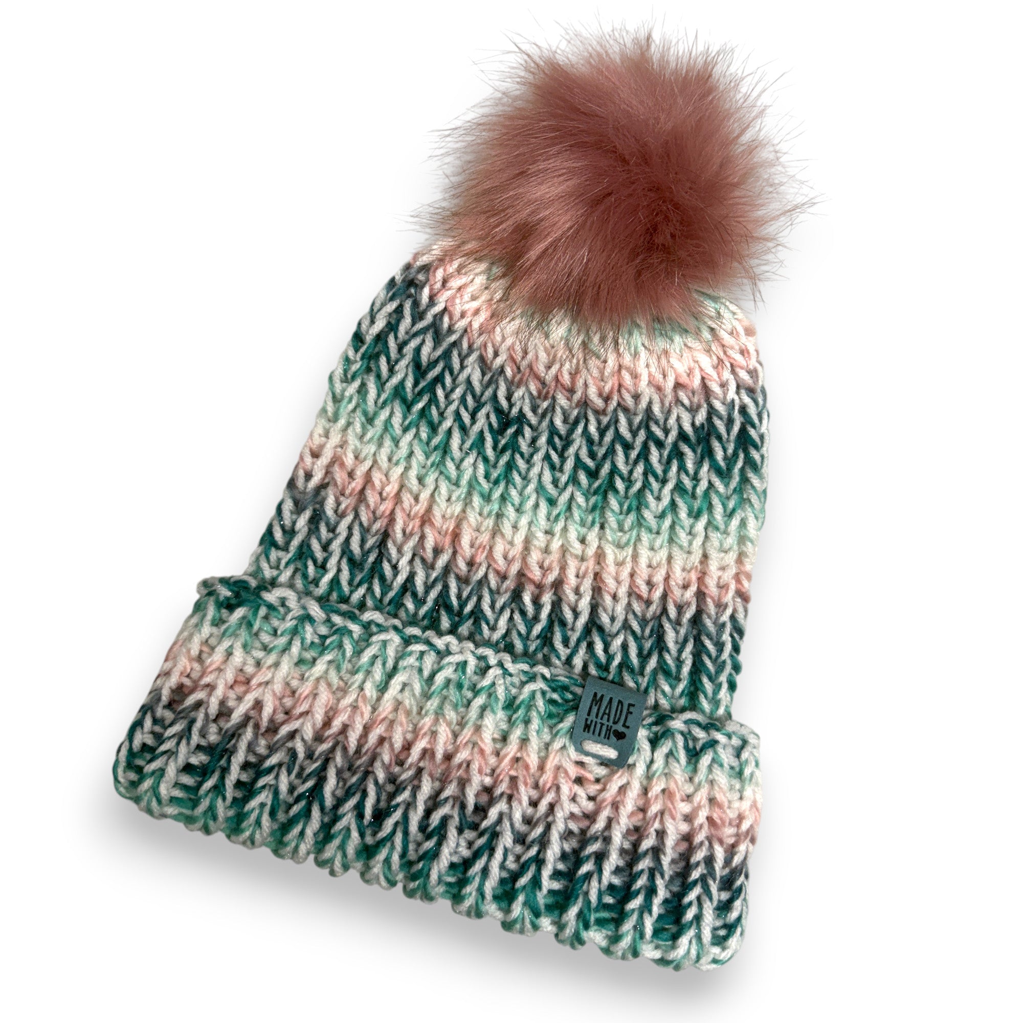 Sparkle Pink Green White Chunky Knit Beanie with Pompom