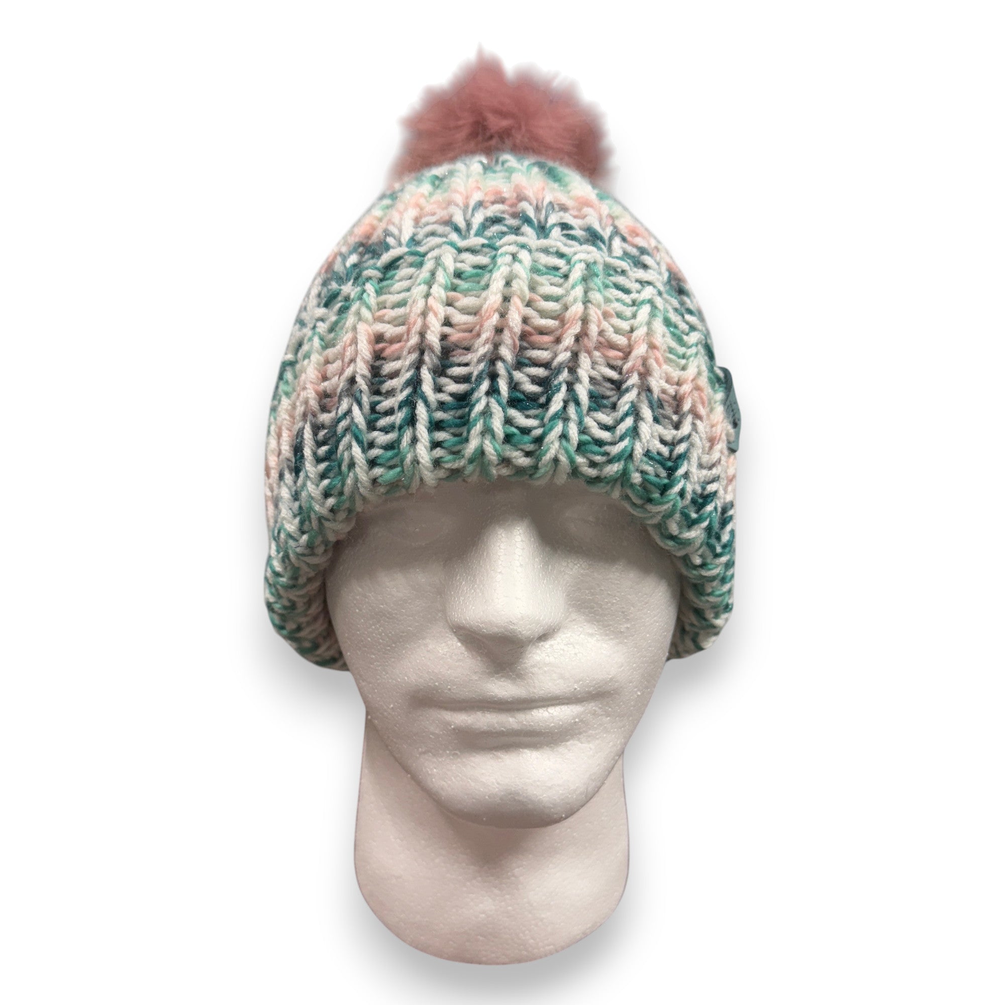 Sparkle Pink Green White Chunky Knit Beanie with Pompom