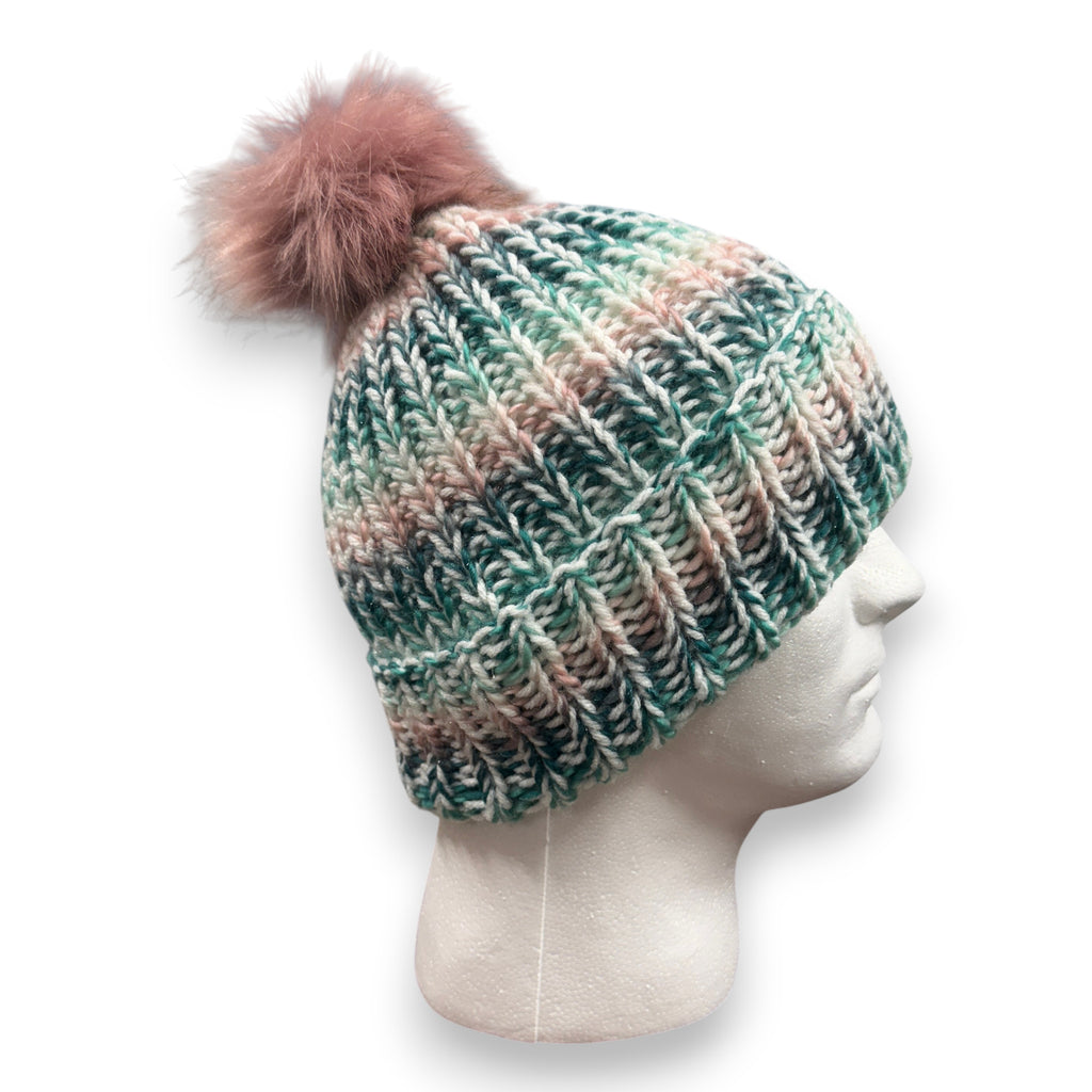 Sparkle Pink Green White Chunky Knit Beanie with Pompom