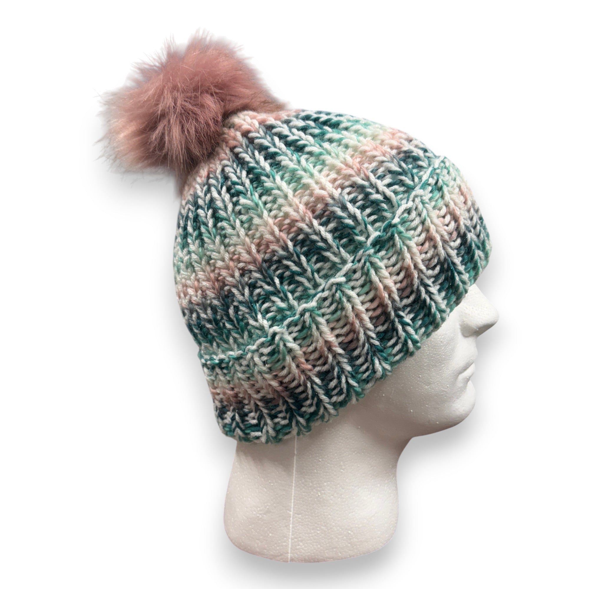 Sparkle Pink Green White Chunky Knit Beanie with Pompom