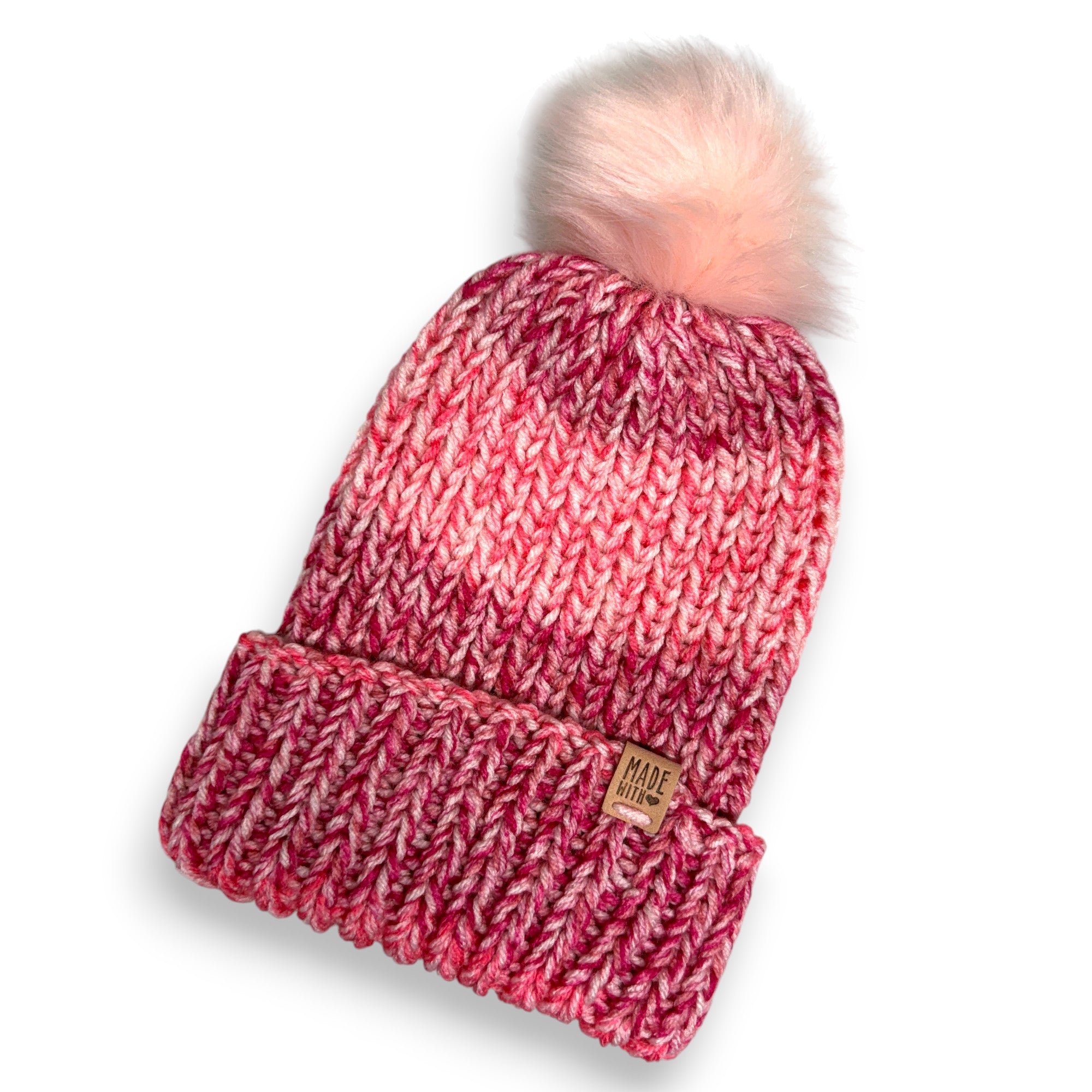 Pink Ombre Chunky Knit Beanie with Pompom