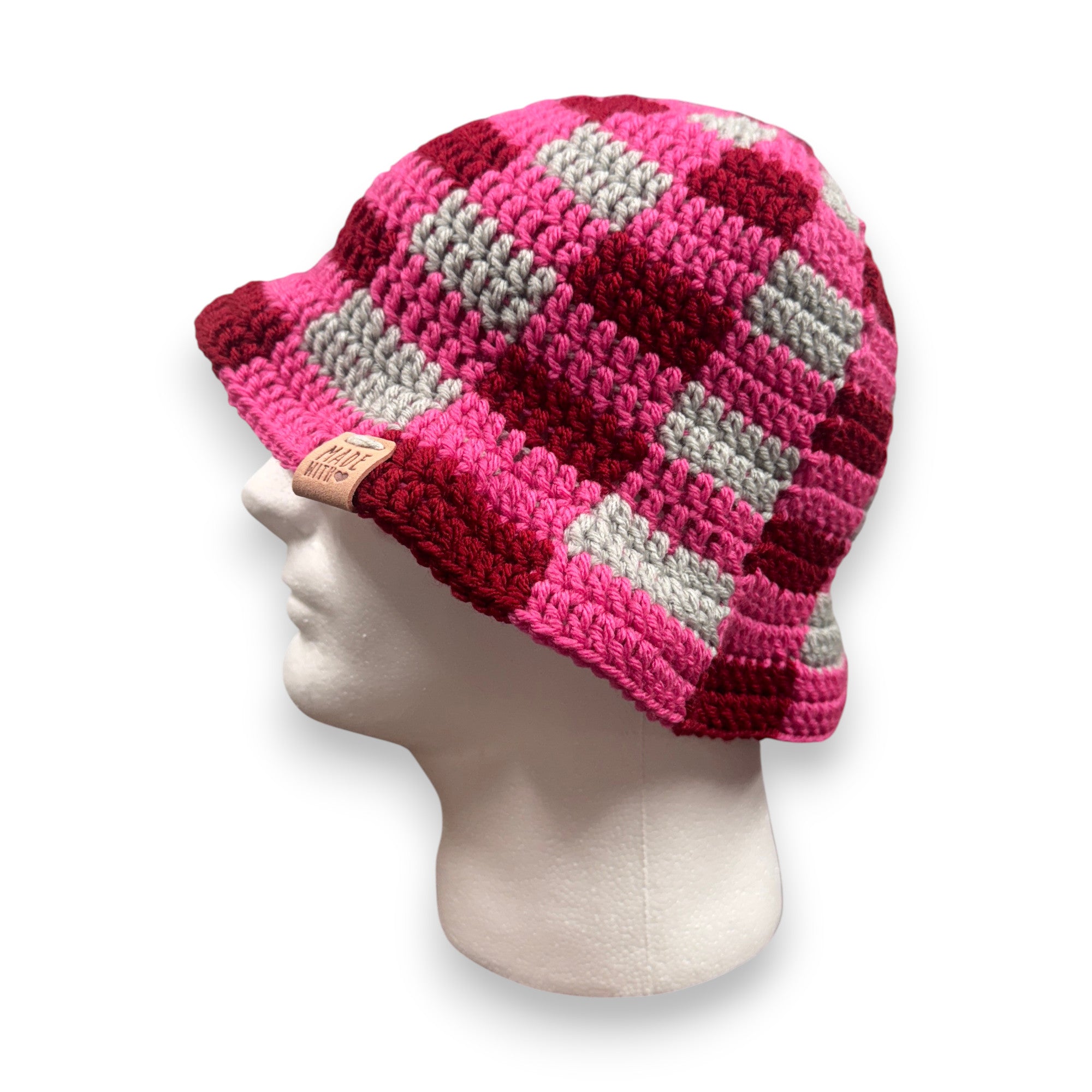 Pink Red Gray Checkered Bucket Hat