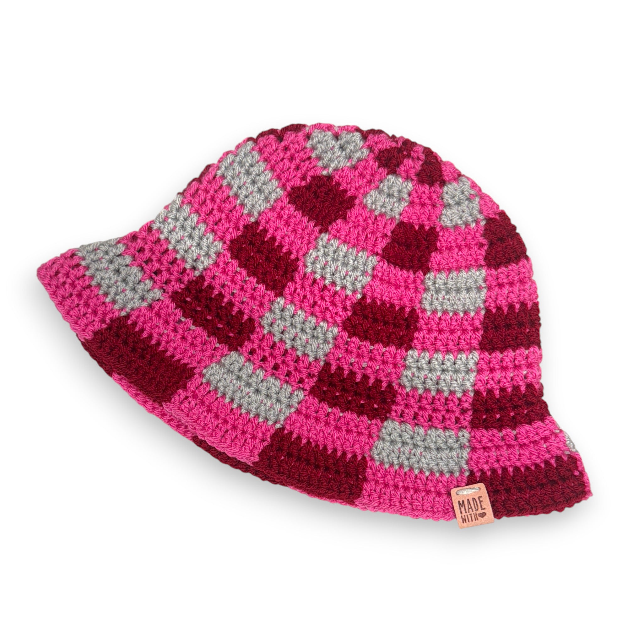 Pink Red Gray Checkered Bucket Hat