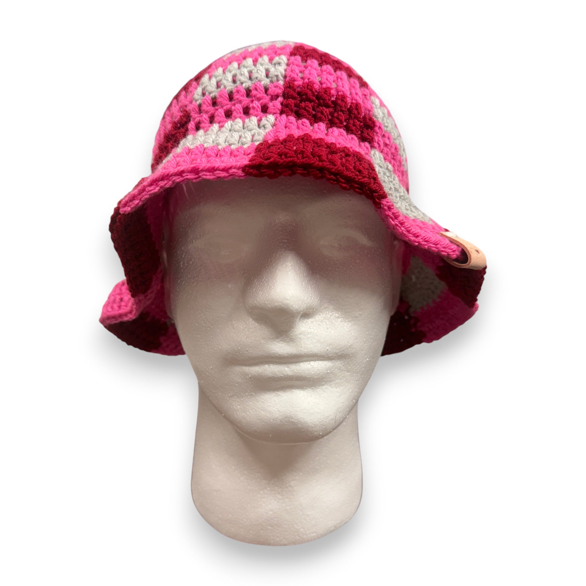 Pink Red Gray Checkered Bucket Hat